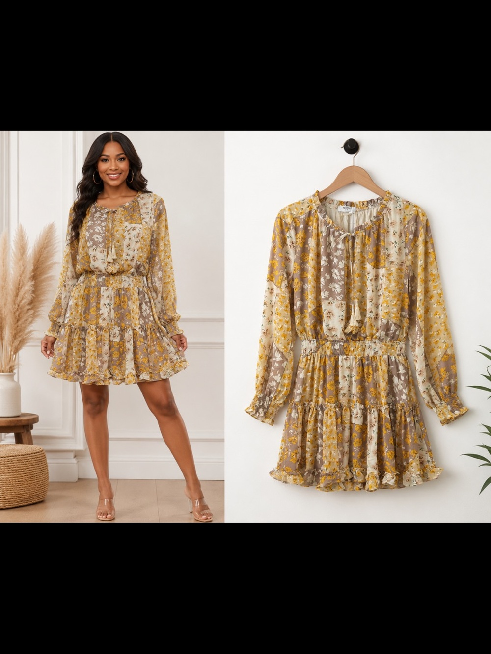 Yellow Floral Tiered Long-Sleeve Mini Dress with Smocked Waist